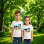 Sibling styling view of PaintzStories artistic kids t-shirt featuring Beach Rabbit With Easter Eggs artwork with colourful illustration, premium cotton comfort, birthday gift for kids, and gift for young artists.