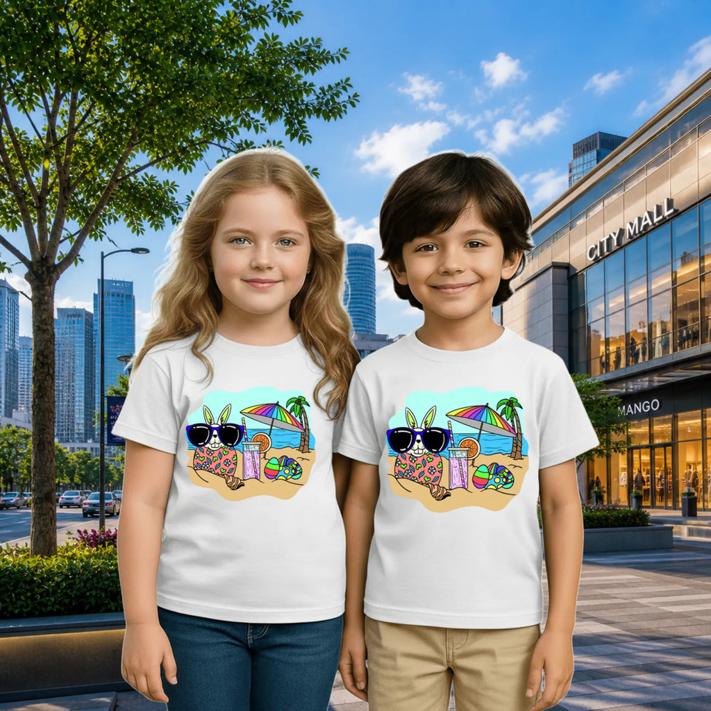 Lifestyle image of PaintzStories artistic kids t-shirt featuring Beach Rabbit With Easter Eggs artwork with colourful illustration, premium cotton comfort, birthday gift for kids, and designer kids tshirt.