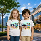 Lifestyle image of PaintzStories artistic kids t-shirt featuring Beach Rabbit With Easter Eggs artwork with colourful illustration, premium cotton comfort, birthday gift for kids, and designer kids tshirt.