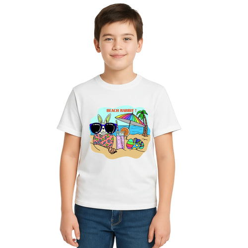 Main view of PaintzStories artistic kids t-shirt featuring Beach Rabbit With Easter Eggs artwork with colourful illustration, premium cotton comfort, colourful kids wear, and kids artistic t-shirt.