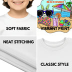 Feature highlights of PaintzStories artistic kids t-shirt featuring Beach Rabbit With Easter Eggs artwork with colourful illustration, premium cotton comfort, gift for young artists, and art tee shirt.