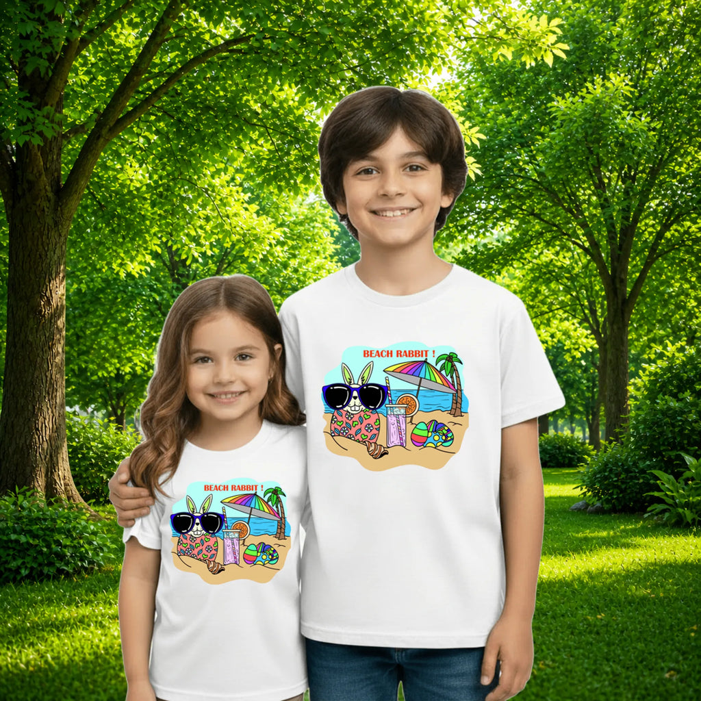 Sibling styling view of PaintzStories artistic kids t-shirt featuring Beach Rabbit With Easter Eggs artwork with colourful illustration, premium cotton comfort, kids artistic t-shirt, and birthday gift for kids.