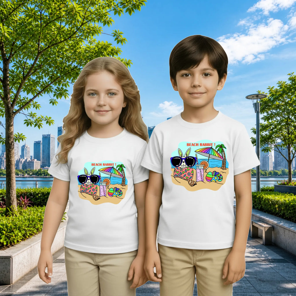 Lifestyle image of PaintzStories artistic kids t-shirt featuring Beach Rabbit With Easter Eggs artwork with colourful illustration, premium cotton comfort, gift for young artists, and creative kids fashion.