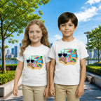 Lifestyle image of PaintzStories artistic kids t-shirt featuring Beach Rabbit With Easter Eggs artwork with colourful illustration, premium cotton comfort, gift for young artists, and creative kids fashion.
