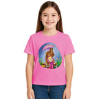 Main view of PaintzStories artistic kids t-shirt featuring Bear and Kid artwork with colourful illustration, premium cotton comfort, artwork on tshirt, and kids artistic t-shirt.