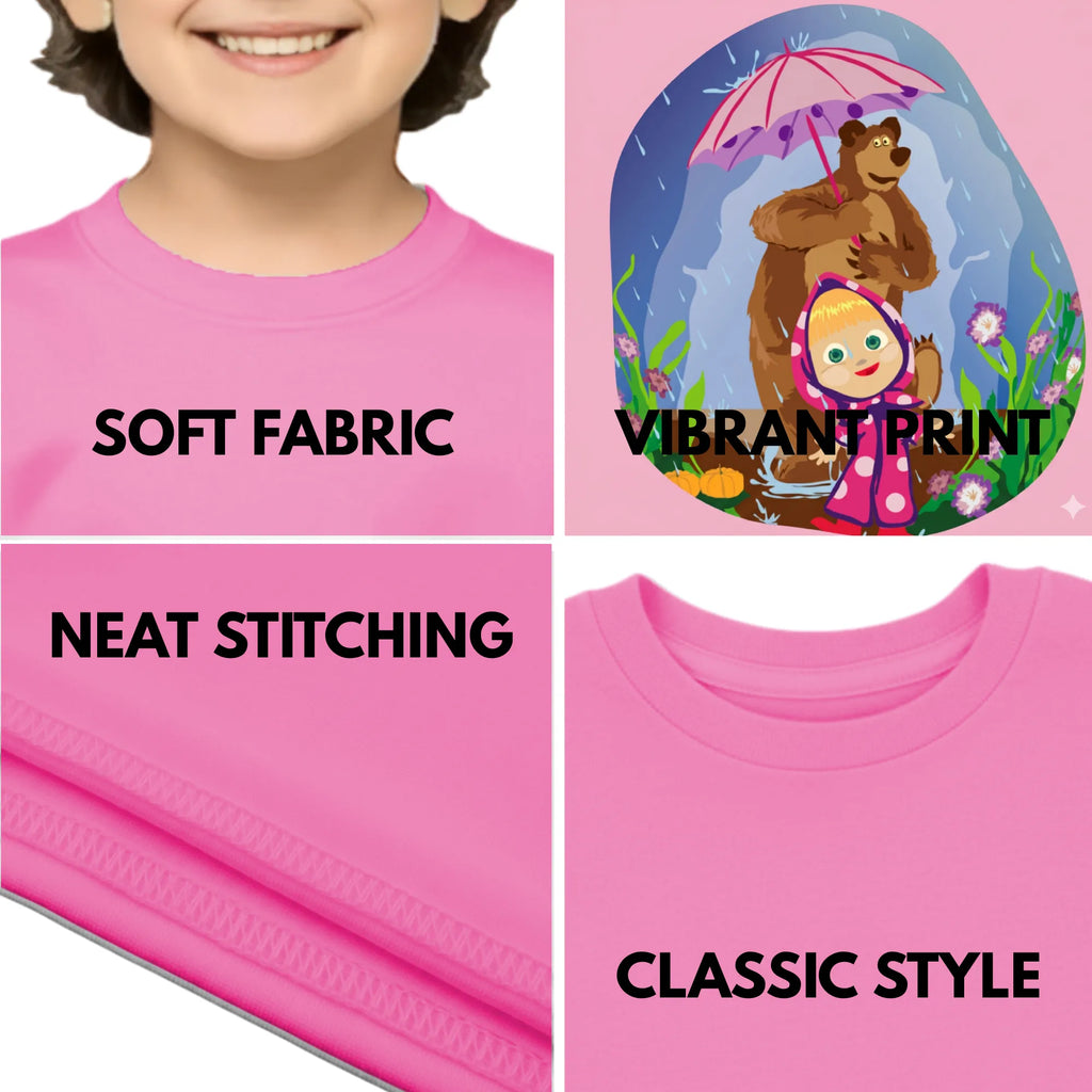 Feature highlights of PaintzStories artistic kids t-shirt featuring Bear and Kid artwork with colourful illustration, premium cotton comfort, artist tees, and kids artistic t-shirt.