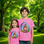Sibling styling view of PaintzStories artistic kids t-shirt featuring Bear and Kid artwork with colourful illustration, premium cotton comfort, designer kids tshirt, and artwork on tshirt.