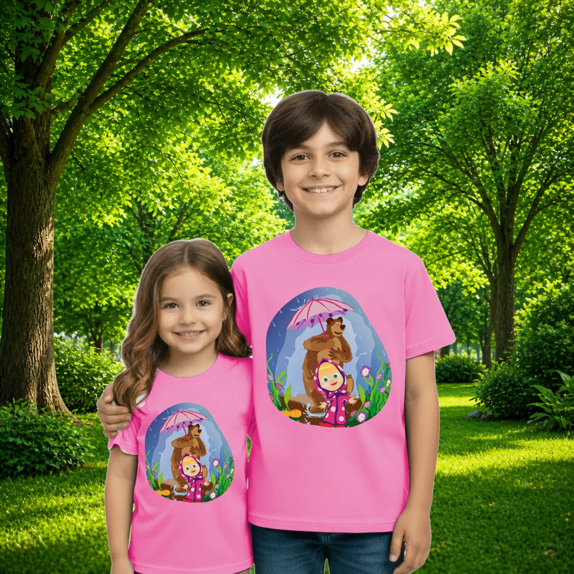 Sibling styling view of PaintzStories artistic kids t-shirt featuring Bear and Kid artwork with colourful illustration, premium cotton comfort, designer kids tshirt, and artwork on tshirt.