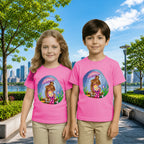 Lifestyle image of PaintzStories artistic kids t-shirt featuring Bear and Kid artwork with colourful illustration, premium cotton comfort, colourful kids wear, and artwork on tshirt.