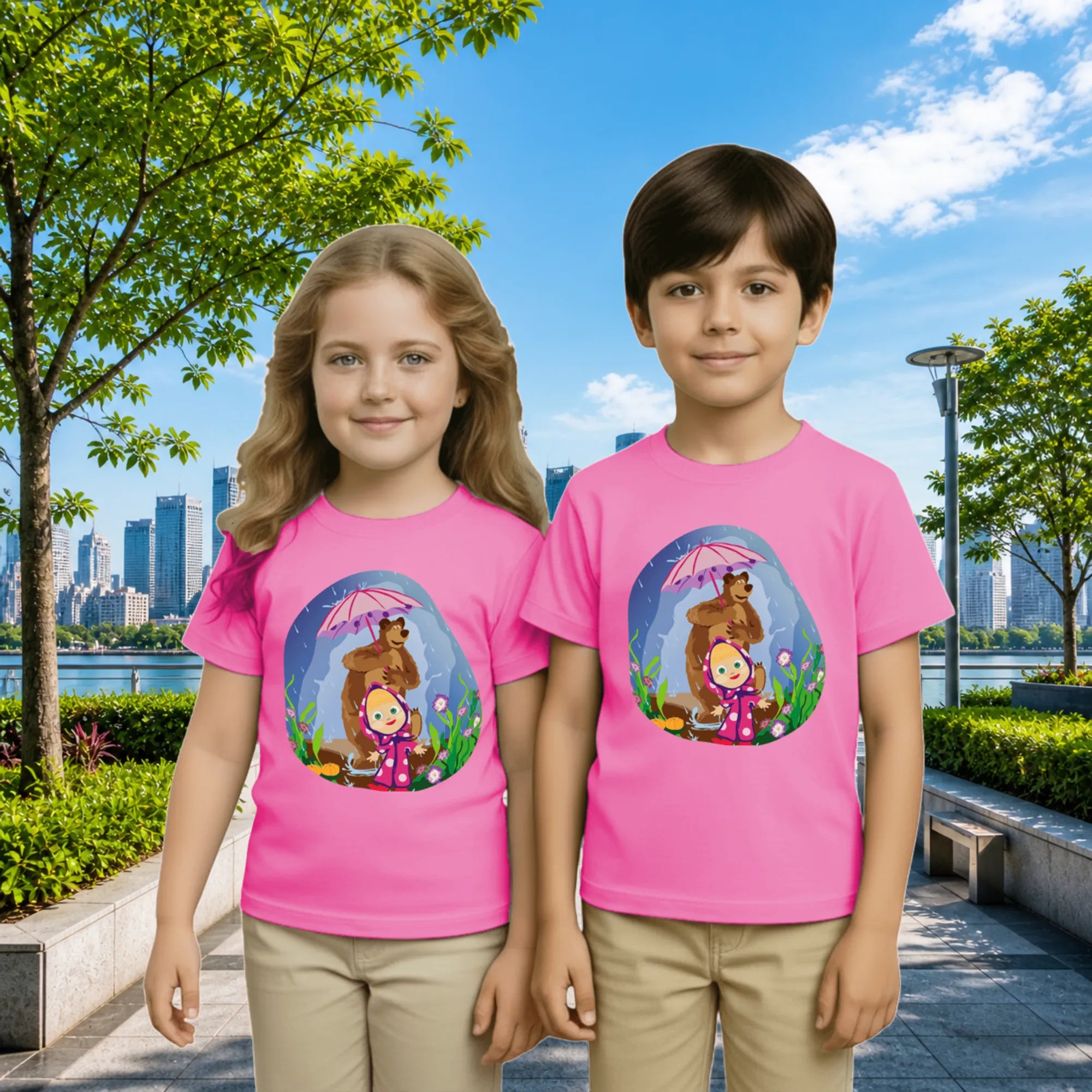 Lifestyle image of PaintzStories artistic kids t-shirt featuring Bear and Kid artwork with colourful illustration, premium cotton comfort, colourful kids wear, and artwork on tshirt.