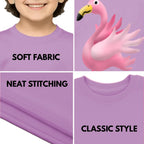 Feature highlights of PaintzStories artistic kids t-shirt featuring Jungle Magic: Celebrating the Flamingo artwork with colourful illustration, premium cotton comfort, creative kids fashion, and designer kids tshirt.