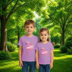 Sibling styling view of PaintzStories artistic kids t-shirt featuring Jungle Magic: Celebrating the Flamingo artwork with colourful illustration, premium cotton comfort, colourful kids wear, and gift for young artists.