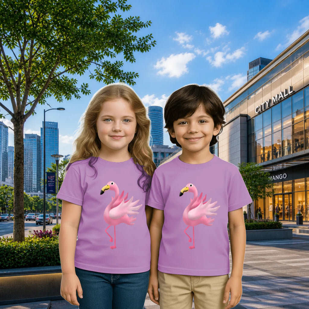 Lifestyle image of PaintzStories artistic kids t-shirt featuring Jungle Magic: Celebrating the Flamingo artwork with colourful illustration, premium cotton comfort, artist tees, and birthday gift for kids.