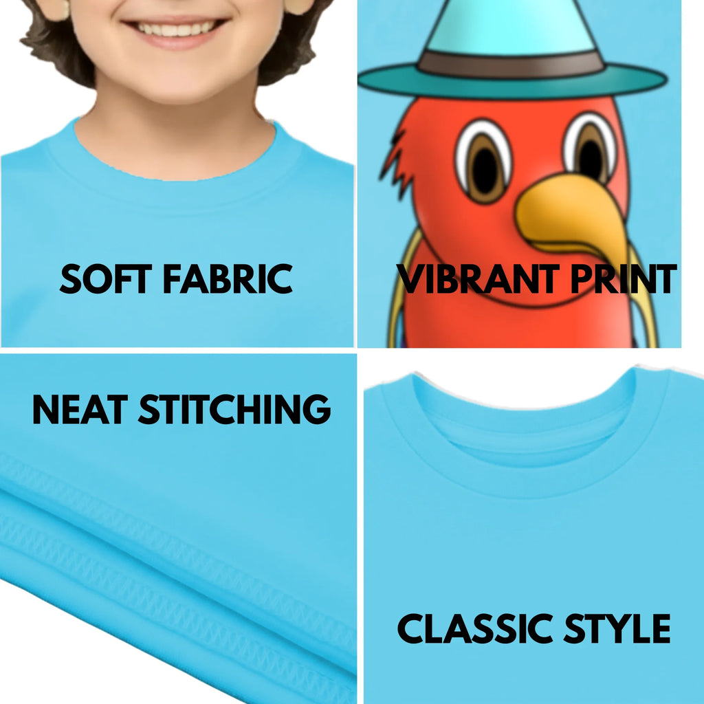 Feature highlights of PaintzStories artistic kids t-shirt featuring Five Colourful Birds: The Second Bird artwork with colourful illustration, premium cotton comfort, birthday gift for kids, and gift for young artists.