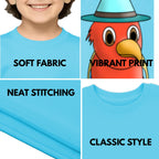 Feature highlights of PaintzStories artistic kids t-shirt featuring Five Colourful Birds: The Second Bird artwork with colourful illustration, premium cotton comfort, birthday gift for kids, and gift for young artists.