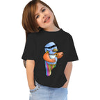 Main view of PaintzStories artistic kids t-shirt featuring Five Colourful Birds: The First Bird artwork with colourful illustration, premium cotton comfort, unisex cotton tshirt, and kids artistic t-shirt.