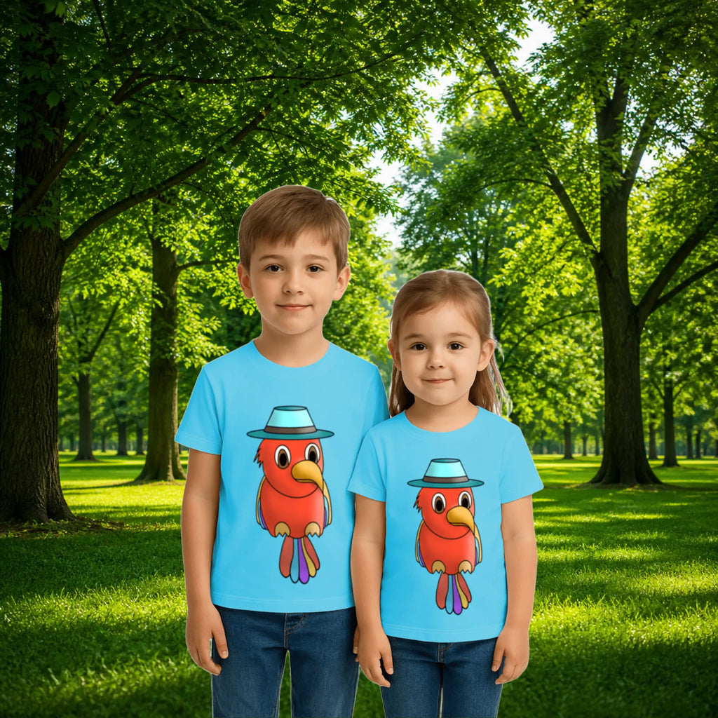 Sibling styling view of PaintzStories artistic kids t-shirt featuring Five Colourful Birds: The Second Bird artwork with colourful illustration, premium cotton comfort, birthday gift for kids, and unisex cotton tshirt.