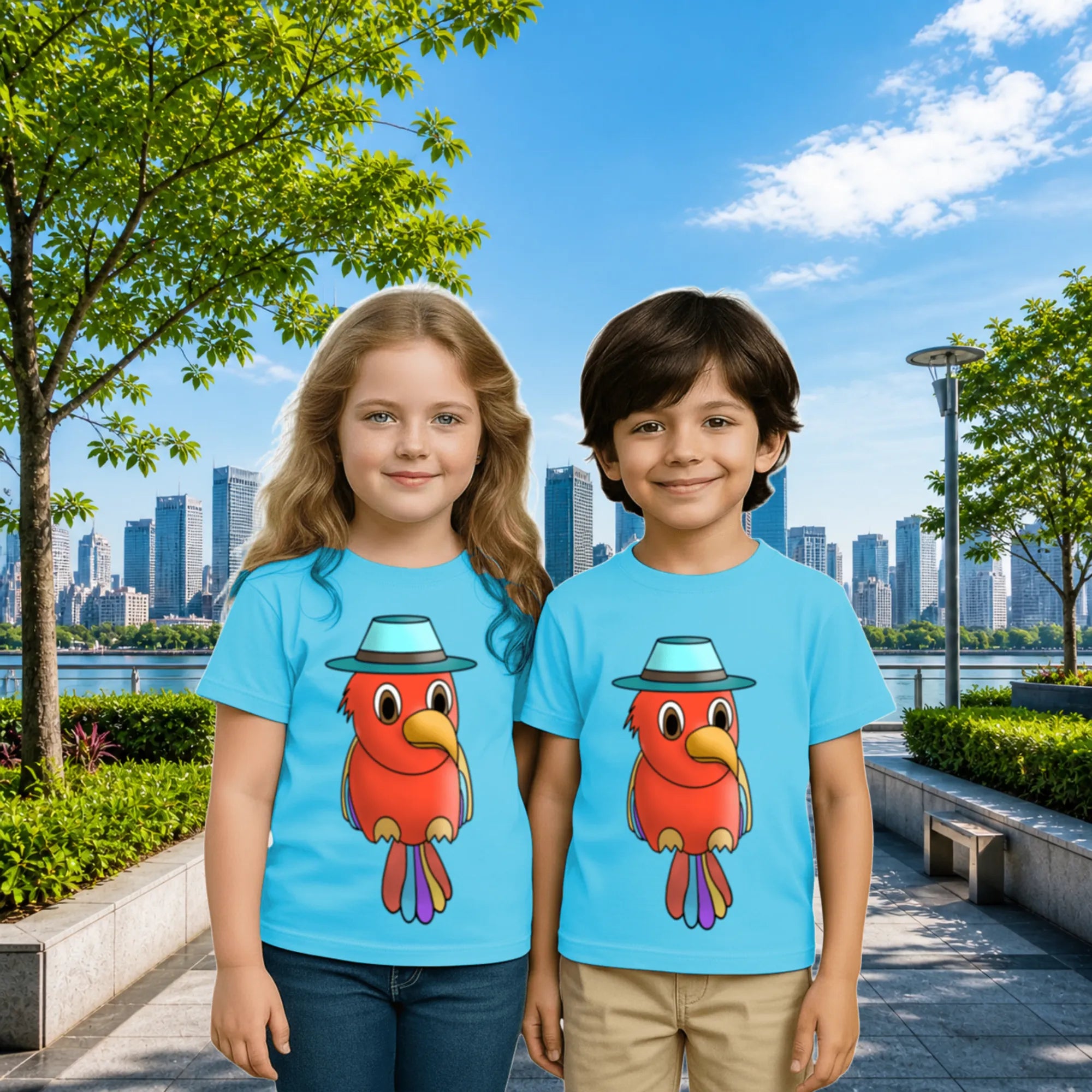 Lifestyle image of PaintzStories artistic kids t-shirt featuring Five Colourful Birds: The Second Bird artwork with colourful illustration, premium cotton comfort, colourful kids wear, and kids artistic t-shirt.