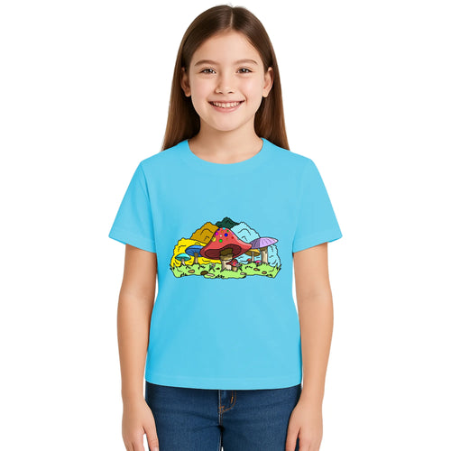 Main view of PaintzStories artistic kids t-shirt featuring Colourful Mushrooms artwork with colourful illustration, premium cotton comfort, gift for young artists, and designer kids tshirt.