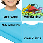 Feature highlights of PaintzStories artistic kids t-shirt featuring Colourful Mushrooms artwork with colourful illustration, premium cotton comfort, birthday gift for kids, and artwork on tshirt.