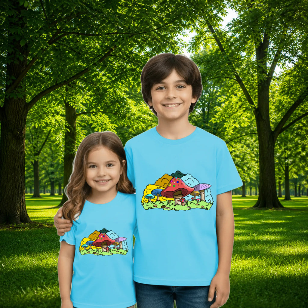 Sibling styling view of PaintzStories artistic kids t-shirt featuring Colourful Mushrooms artwork with colourful illustration, premium cotton comfort, gift for young artists, and colourful kids wear.