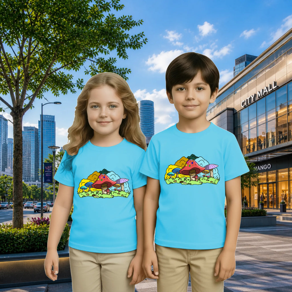 Lifestyle image of PaintzStories artistic kids t-shirt featuring Colourful Mushrooms artwork with colourful illustration, premium cotton comfort, artwork on tshirt, and unisex cotton tshirt.