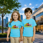 Lifestyle image of PaintzStories artistic kids t-shirt featuring Colourful Mushrooms artwork with colourful illustration, premium cotton comfort, artwork on tshirt, and unisex cotton tshirt.