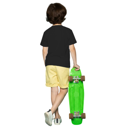 Back side of PaintzStories artistic kids t-shirt featuring Cool Cat On The Beach - Blue artwork with colourful illustration, premium cotton comfort, birthday gift for kids, and art tee shirt.