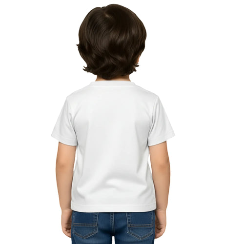 Back side of PaintzStories artistic kids t-shirt featuring Cool Cat On The Beach - White artwork with colourful illustration, premium cotton comfort, birthday gift for kids, and artwork on tshirt.