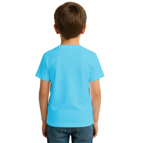 Back side of PaintzStories artistic kids t-shirt featuring Cool Cat On The Beach - Light Blue artwork with colourful illustration, premium cotton comfort, creative kids fashion, and kids artistic t-shirt.