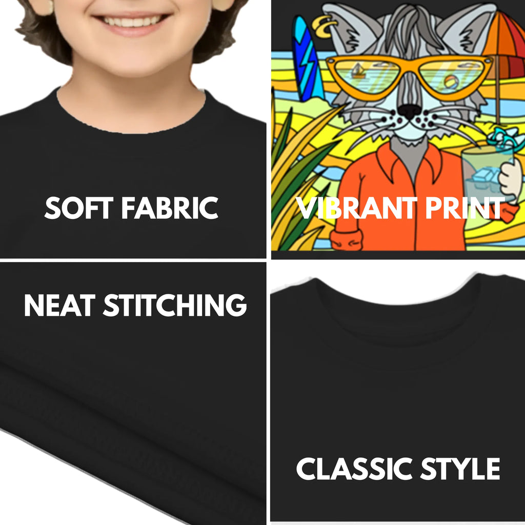 Feature highlights of PaintzStories artistic kids t-shirt featuring Cool Cat On The Beach - Blue artwork with colourful illustration, premium cotton comfort, kids artistic t-shirt, and colourful kids wear.