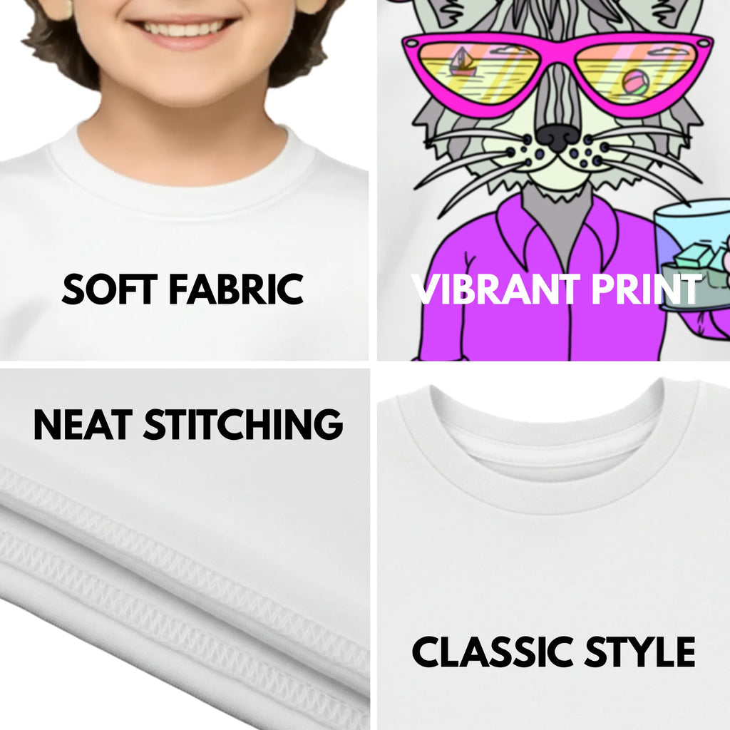 Feature highlights of PaintzStories artistic kids t-shirt featuring Cool Cat On The Beach - White artwork with colourful illustration, premium cotton comfort, designer kids tshirt, and unisex cotton tshirt.