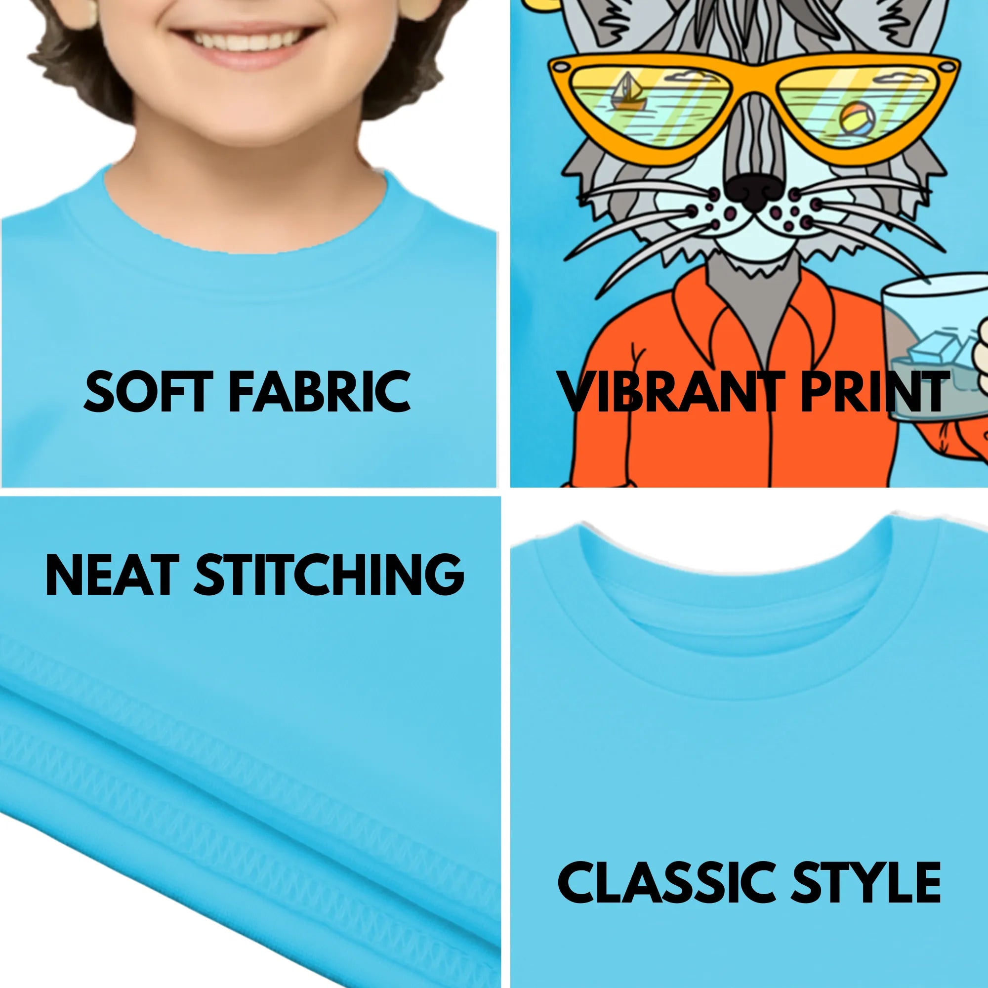 Feature highlights of PaintzStories artistic kids t-shirt featuring Cool Cat On The Beach - Light Blue artwork with colourful illustration, premium cotton comfort, gift for young artists, and creative kids fashion.