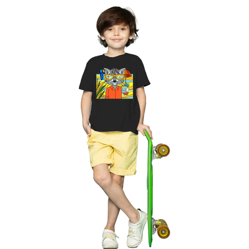 Main view of PaintzStories artistic kids t-shirt featuring Cool Cat On The Beach - Blue artwork with colourful illustration, premium cotton comfort, colourful kids wear, and birthday gift for kids.