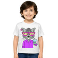 Main view of PaintzStories artistic kids t-shirt featuring Cool Cat On The Beach - White artwork with colourful illustration, premium cotton comfort, artist tees, and unisex cotton tshirt.