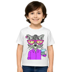 Main view of PaintzStories artistic kids t-shirt featuring Cool Cat On The Beach - White artwork with colourful illustration, premium cotton comfort, artist tees, and unisex cotton tshirt.