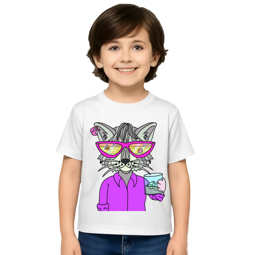 Main view of PaintzStories artistic kids t-shirt featuring Cool Cat On The Beach - White artwork with colourful illustration, premium cotton comfort, artist tees, and unisex cotton tshirt.
