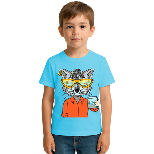 Main view of PaintzStories artistic kids t-shirt featuring Cool Cat On The Beach - Light Blue artwork with colourful illustration, premium cotton comfort, kids artistic t-shirt, and gift for young artists.