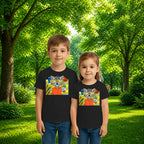 Sibling styling view of PaintzStories artistic kids t-shirt featuring Cool Cat On The Beach - Blue artwork with colourful illustration, premium cotton comfort, art tee shirt, and gift for young artists.