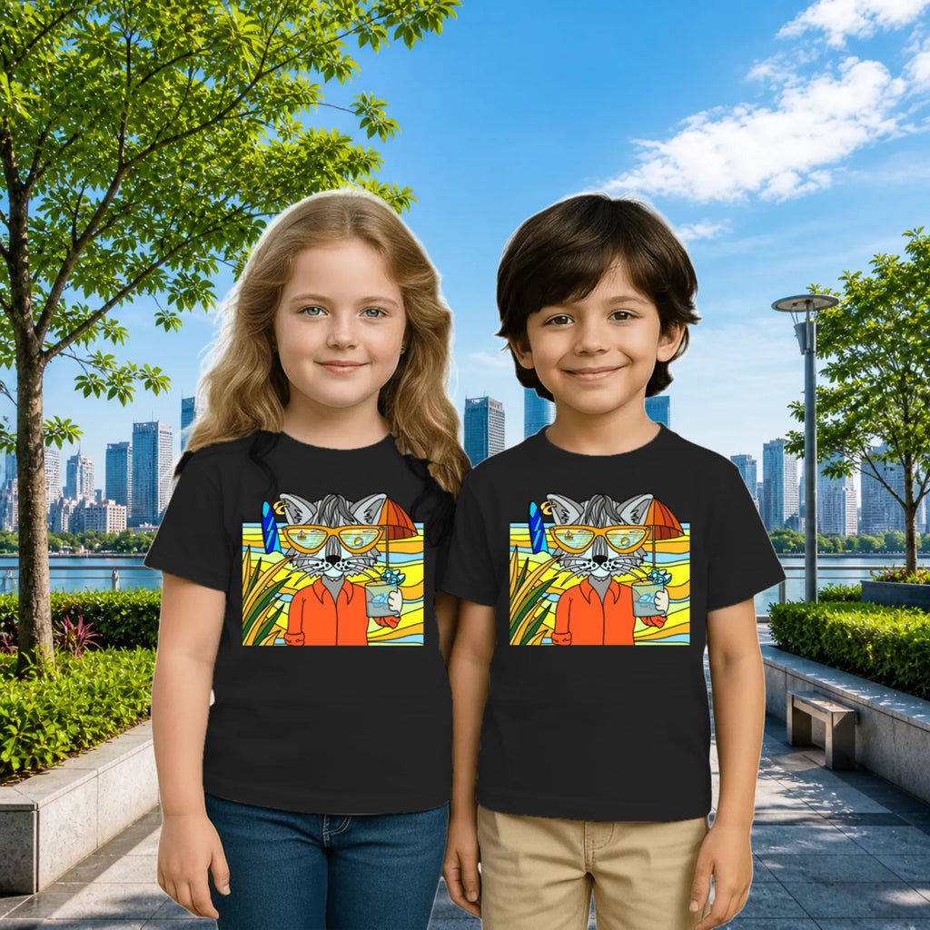 Lifestyle image of PaintzStories artistic kids t-shirt featuring Cool Cat On The Beach - Blue artwork with colourful illustration, premium cotton comfort, creative kids fashion, and birthday gift for kids.