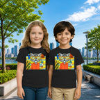 Lifestyle image of PaintzStories artistic kids t-shirt featuring Cool Cat On The Beach - Blue artwork with colourful illustration, premium cotton comfort, creative kids fashion, and birthday gift for kids.