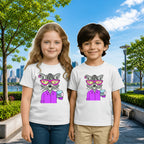 Lifestyle image of PaintzStories artistic kids t-shirt featuring Cool Cat On The Beach - White artwork with colourful illustration, premium cotton comfort, designer kids tshirt, and art tee shirt.