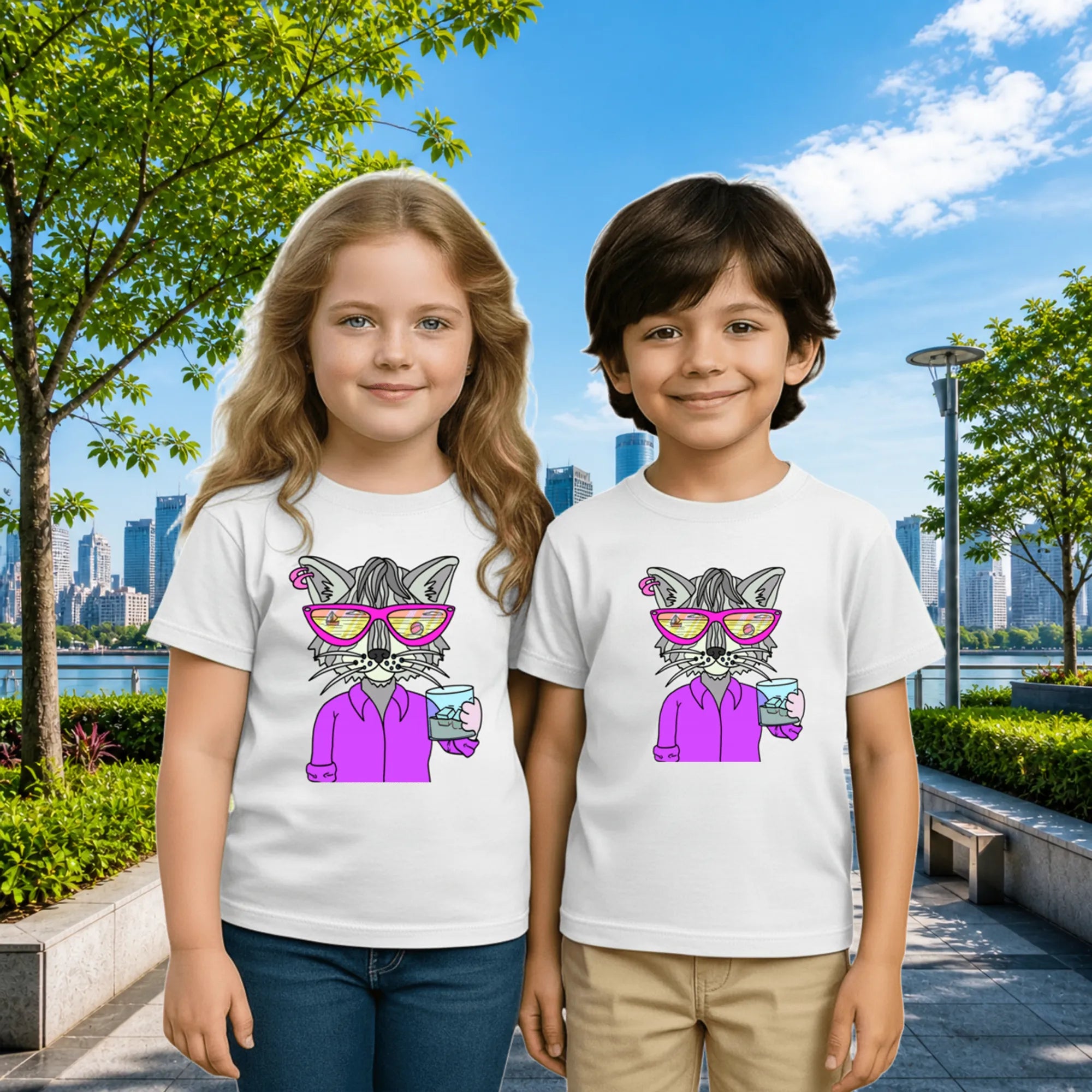 Lifestyle image of PaintzStories artistic kids t-shirt featuring Cool Cat On The Beach - White artwork with colourful illustration, premium cotton comfort, designer kids tshirt, and art tee shirt.