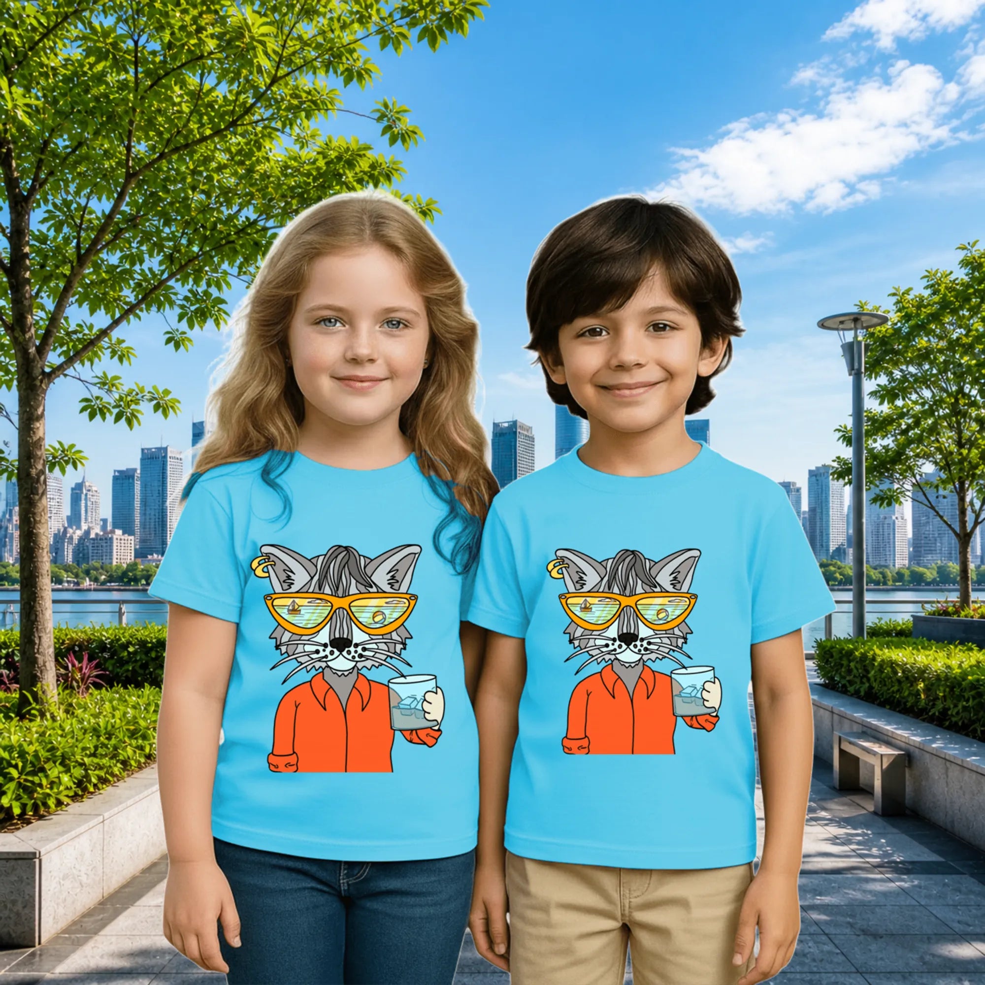 Lifestyle image of PaintzStories artistic kids t-shirt featuring Cool Cat On The Beach - Light Blue artwork with colourful illustration, premium cotton comfort, gift for young artists, and colourful kids wear.