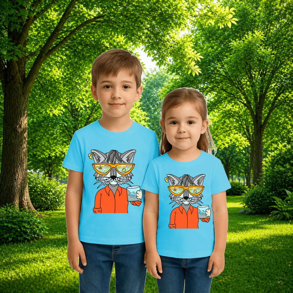 Sibling styling view of PaintzStories artistic kids t-shirt featuring Cool Cat On The Beach - Light Blue artwork with colourful illustration, premium cotton comfort, designer kids tshirt, and art tee shirt.