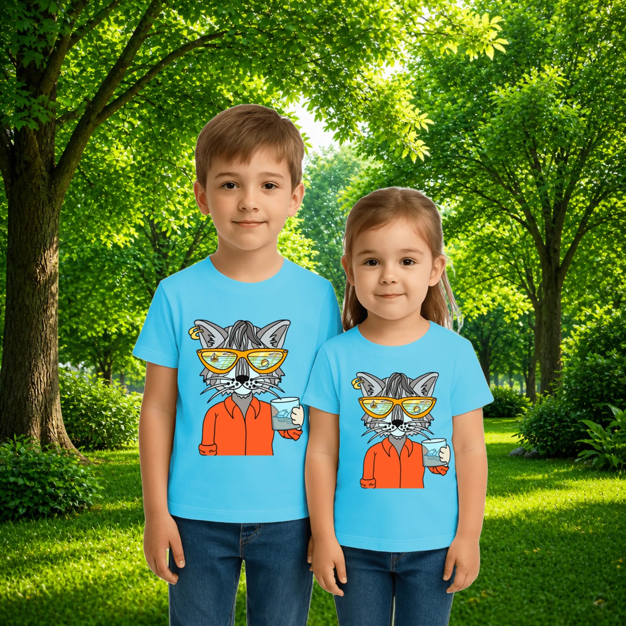 Sibling styling view of PaintzStories artistic kids t-shirt featuring Cool Cat On The Beach - Light Blue artwork with colourful illustration, premium cotton comfort, designer kids tshirt, and art tee shirt.