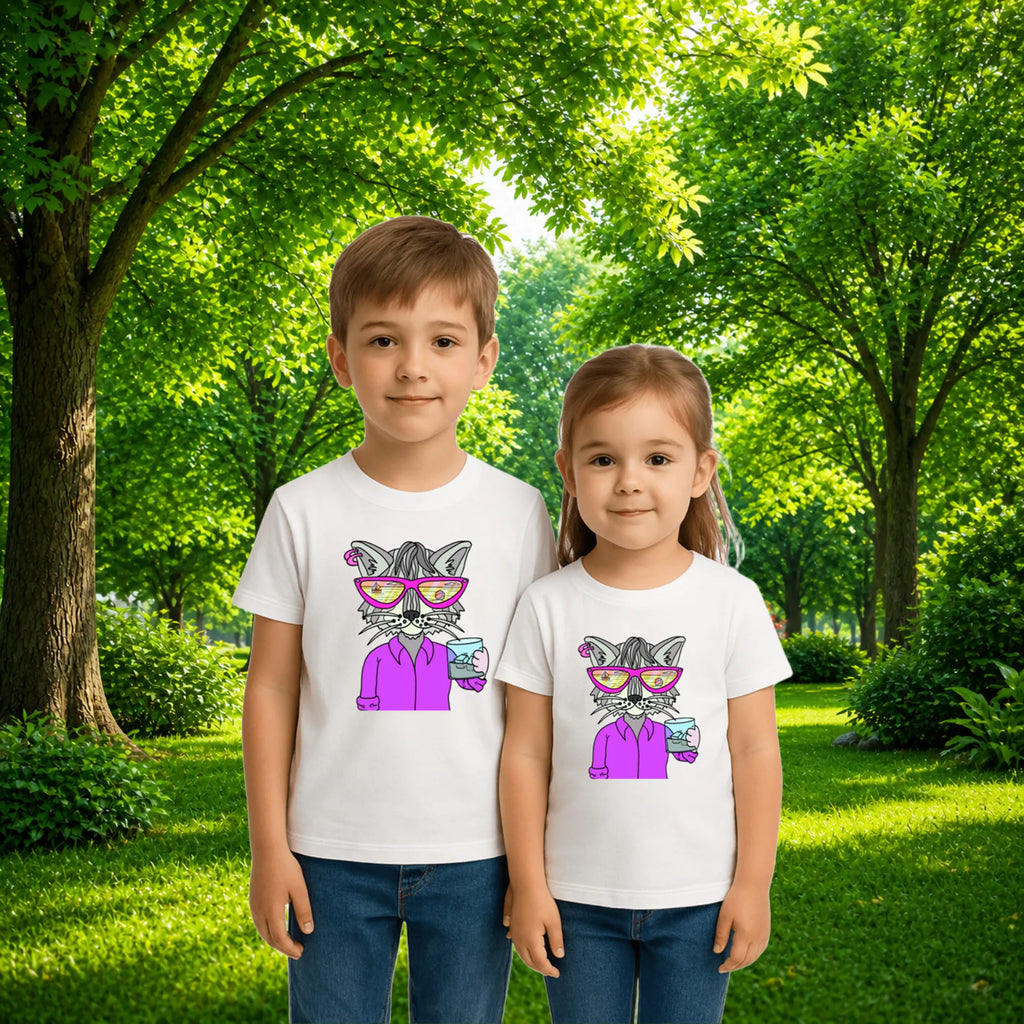 Sibling styling view of PaintzStories artistic kids t-shirt featuring Cool Cat On The Beach - White artwork with colourful illustration, premium cotton comfort, gift for young artists, and creative kids fashion.