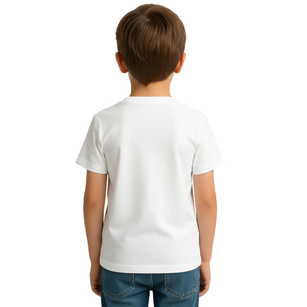Back side of PaintzStories artistic kids t-shirt featuring Crocodile & Lion’s Friendship: Crocodile Spotlight artwork with colourful illustration, premium cotton comfort, designer kids tshirt, and artist tees.