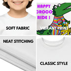 Feature highlights of PaintzStories artistic kids t-shirt featuring Crocodile & Lion’s Friendship: Crocodile Spotlight artwork with colourful illustration, premium cotton comfort, artwork on tshirt, and colourful kids wear.