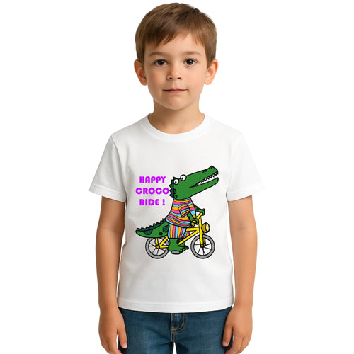 Main view of PaintzStories artistic kids t-shirt featuring Crocodile & Lion’s Friendship: Crocodile Spotlight artwork with colourful illustration, premium cotton comfort, designer kids tshirt, and birthday gift for kids.